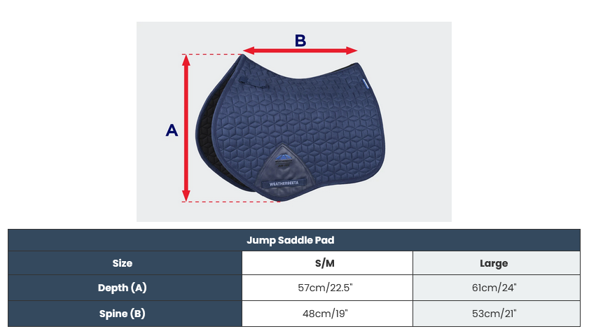 2025 Weatherbeeta Suede Elite Air-Tec Jump Shaped Saddle Pad  Tableau des tailles